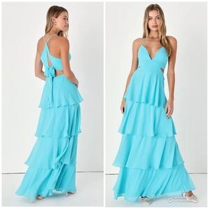 Lulus XS Tier And Now Blue Tie-Back Tiered Maxi Dress NWT